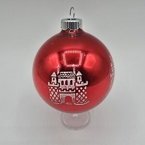 Vintage Red Shiny Brite White Stencil Castle Design Christmas Ornament